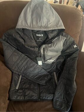 Hurley Two-Tone Black and Gray Quilted Hooded Jacket